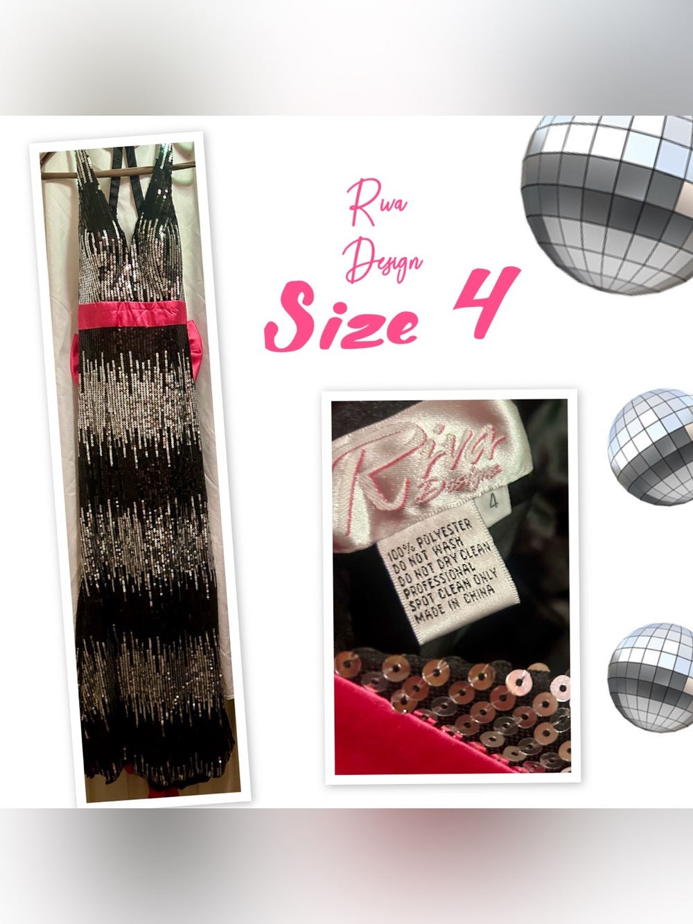 Riva Design Sequin V-Neck Party Dress in Black & Silver with Pink Sash Bow